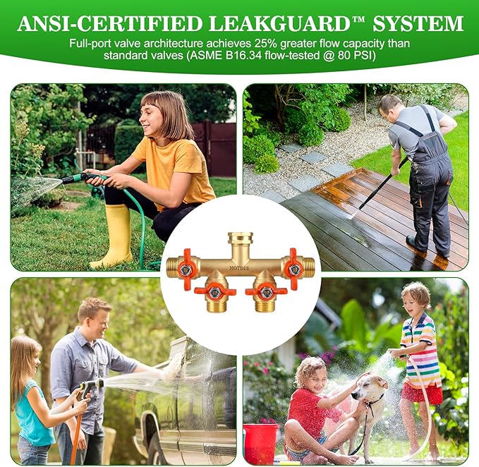4 Way Brass Hose Splitter Full Flow with Metal Handle - Heavy Duty Spigot Splitter with Shut Off Valve, 3/4"" GHT Garden Tap Connector