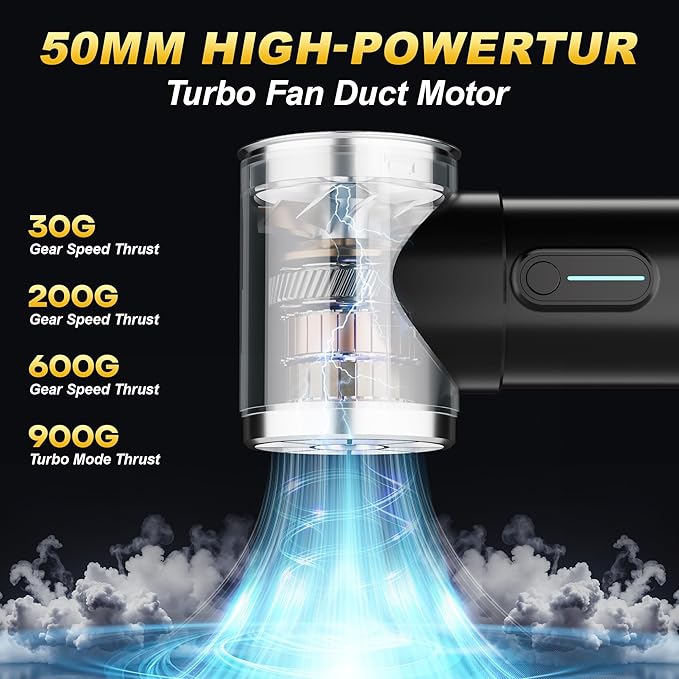 Oversize Turbo Dryer Blower for Car & Yard, 600W&50MM Cordless Electric Leaf Blower, 4 Speeds, 900g Max Thrust, for Cleaning Car Dust, Sweeping Leaves & Snow，Lawn Care (Soot Black)