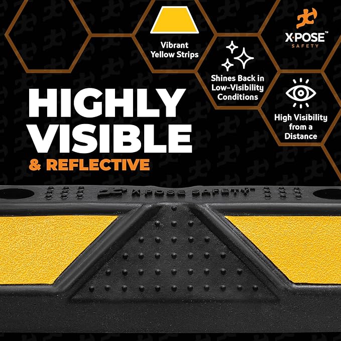 Xpose Safety 22" Heavy Duty Rubber Parking Stopper – 2 Pack Wheel Blocks for Garage, Driveway, or Ramp – Car Bumper Stop with Yellow Reflective Strips – Removable Floor Mount