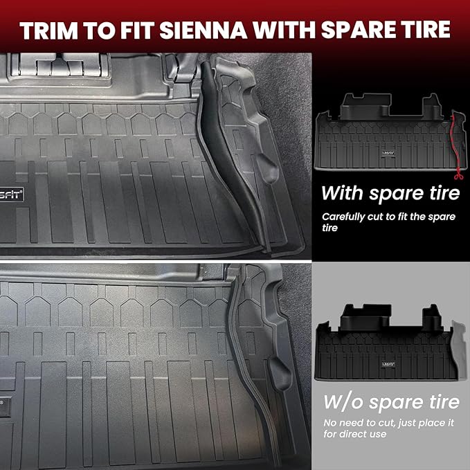 LASFIT Floor Mats&Trunk Mat for Toyota Sienna 8 Seats 2021-2024 2025 All Weather TPE Custom Fit Floor Liner for Sienna LE/XLE (w/o Spare tire) Front and Rear Car Mats&Cargo Liner, Black