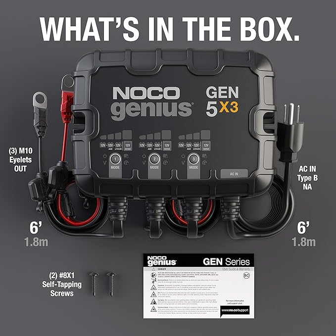 NOCO Genius GEN5X3: 3-Bank, 15A Onboard Battery Charger - 5A Per Bank, 12V Waterproof Marine Charger with Overcharge Protection & Temperature Compensation – for Lead-Acid & Lithium Batteries