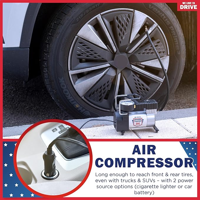 Tire Inflator Portable Air Compressor For Car Tires & Inflatables, 12V DC One Cylinder Air Pump For Emergency Kit with 150 PSI Pressure Gauge, Adaptors, Hose, Car Plug, Clip Connectors & Carry Bag