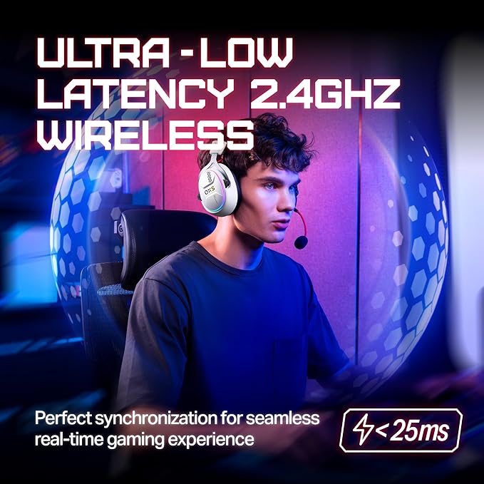 OXS Storm G2 Wireless Gaming Headsets, 7.1 Virtual Surround Sound, 3 EQ Modes, 2.4G Low Latency, 50mm Driver, 40H Playtime, RGB Light, Bluetooth 5.3, Compatible with PC, Console, Mobile, White