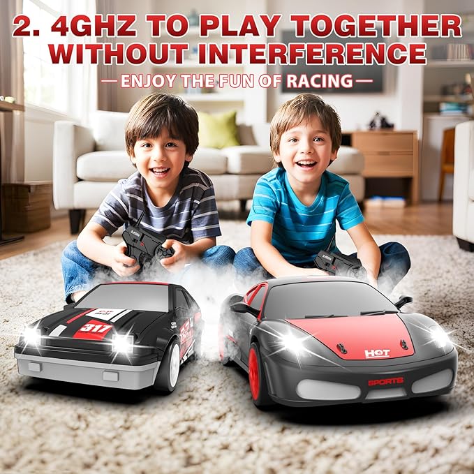 RC Drift Cars, 2.4Ghz 1:24 Remote Control Car 4WD High Speed Drifting RC Car with LED Light and Drift Tires Racing Toy Cars for Kids Boys Girls Adults(Black)
