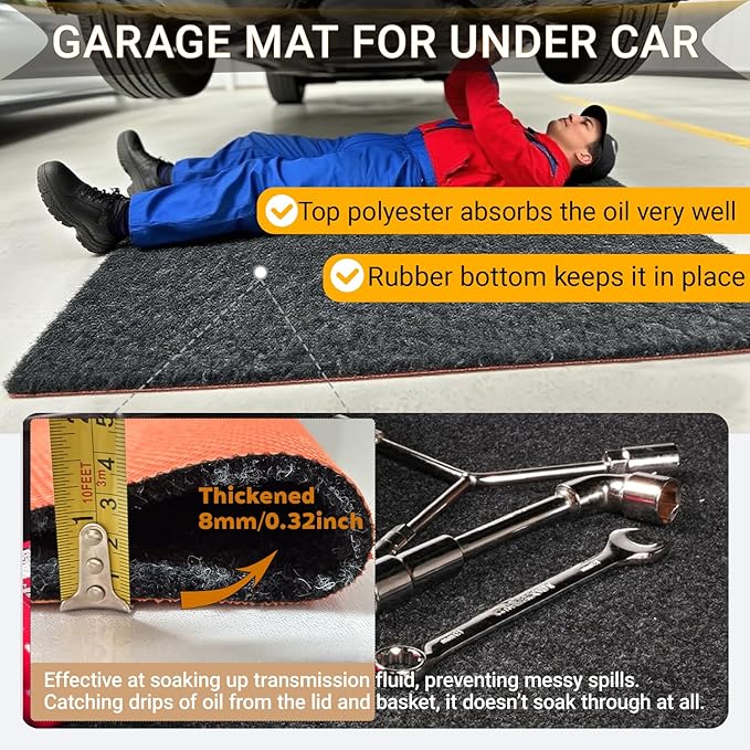 Oil Spill Garage Floor Mat Large, Heavy Duty 72" x 60" 8mm Thick Garage Mat for Floor Under Car, Absorbent Waterproof Non-Slip Rubber Backing Reusable Washable Maintenance Pad for Working, Black