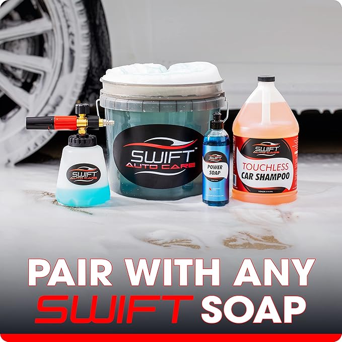 Swift Premium Foam Cannon for Pressure Washer – Heavy Duty Foam Sprayer for Car Wash | ¼ Inch Quick Connector | Adjustable Wide Mouth for Extra Thick Snow Foam | Holds 1 Liter of Soap!