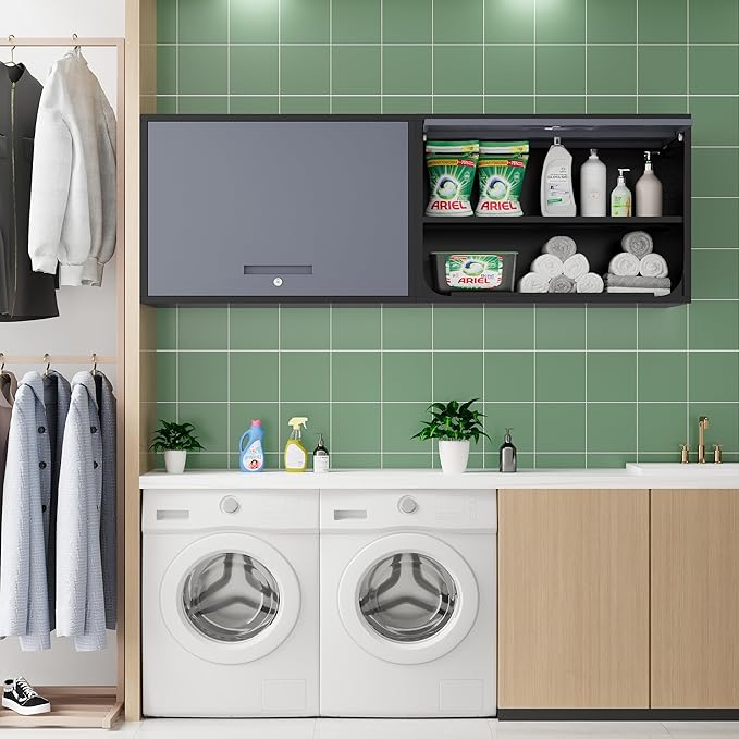 Metal Storage Cabinet Black&Gray Wall Cabinets with Shelf and Locking Door - Wall Mounted Storage Cabinet for Garage Warehouse Home Office - Assembly Required