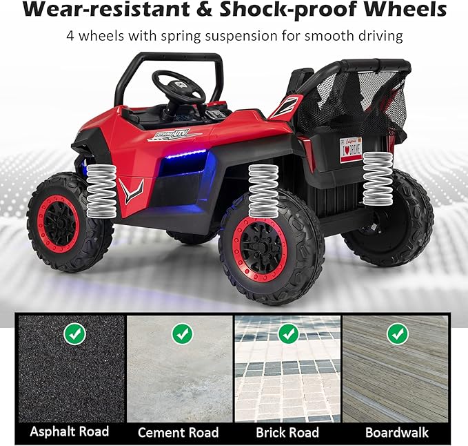 Costzon 2-Seater Ride on Car for Kids, 12V Kids' Electric Vehicles w/Remote Control, 4 Shock Absorbers, Wireless Music & FM, 3 Speeds, Ambiance Lights, Electric Car UTV for Boys Girls (Red)