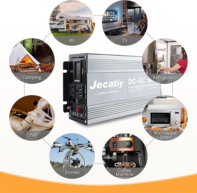 1000 Watt Pure Sine Wave Power Inverter DC 12V to 110V/120V AC Converter with 2 AC,18W USB, and 30W Type-C Charging Ports, Car Solar Power Inverters with LCD Display for Home RV Truck