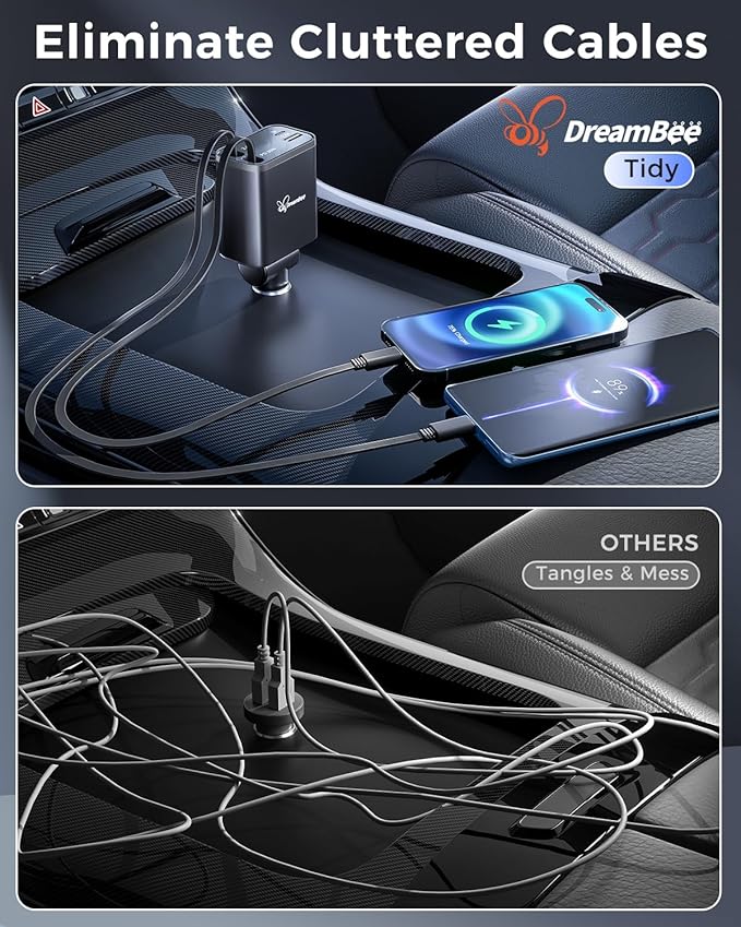 DreamBee Retractable Car Charger,custom-made modelRetractable Cables (31.5 inch) and 2 USB Ports Car Charger, PT-27