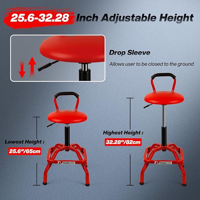 Garage Stool, Adjustable Height Swivel Work Mechanic Shop Stool with Backrest, Pneumatic Shop Chair for Home, Workshop, 300 LBS Capacity, 360° Rotation, Heavy Duty, Red