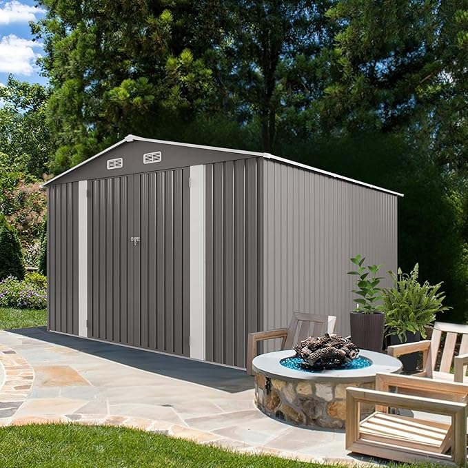 10 x 12 FT Large Outdoor Storage Shed w/ 2 Clear Window, Heavy Duty Metal Garden Sheds with Lockable Door & Air Vents, Waterproof Tool House for Bicycles, Tools, Backyards, Patios, Lawns, Gray