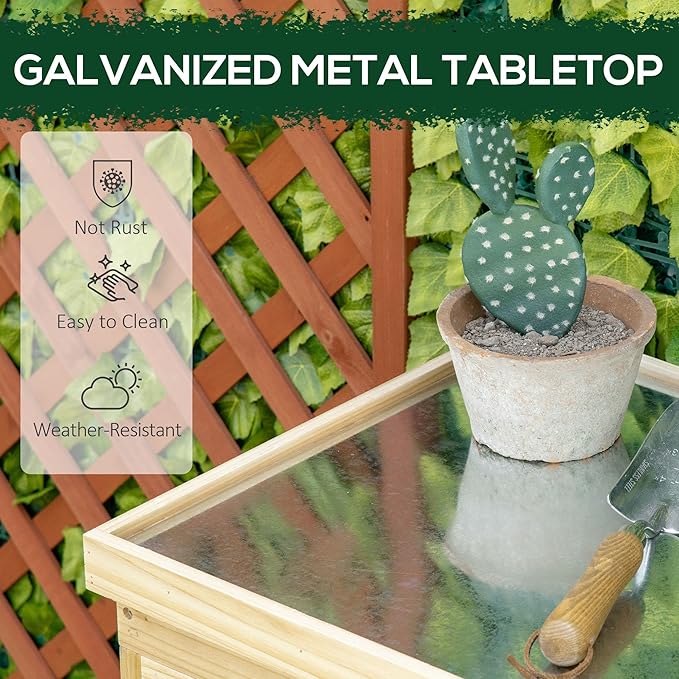 Garden Storage Cabinet, Outdoor Tool Shed with Galvanized Top and Two Shelves for Yard Tools or Pool Accessories, Natural