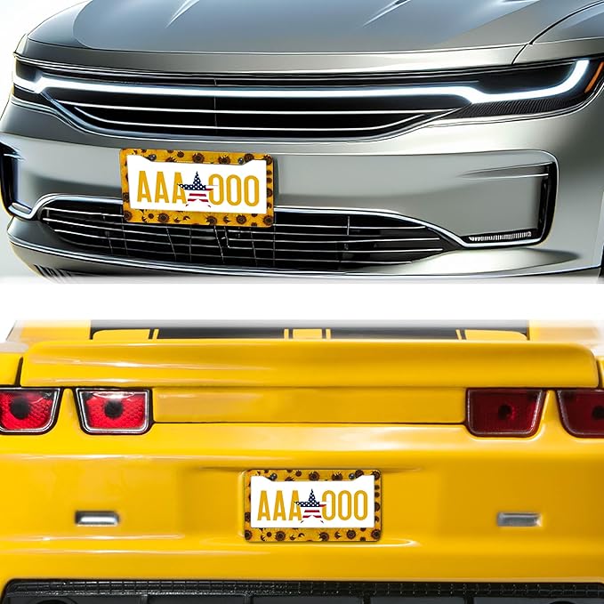 License Plate Protector for Women Yellow License Plate Frames for Men Sunflower Aluminum Metal Car Accessory 2 Pack with Screw Covers Set