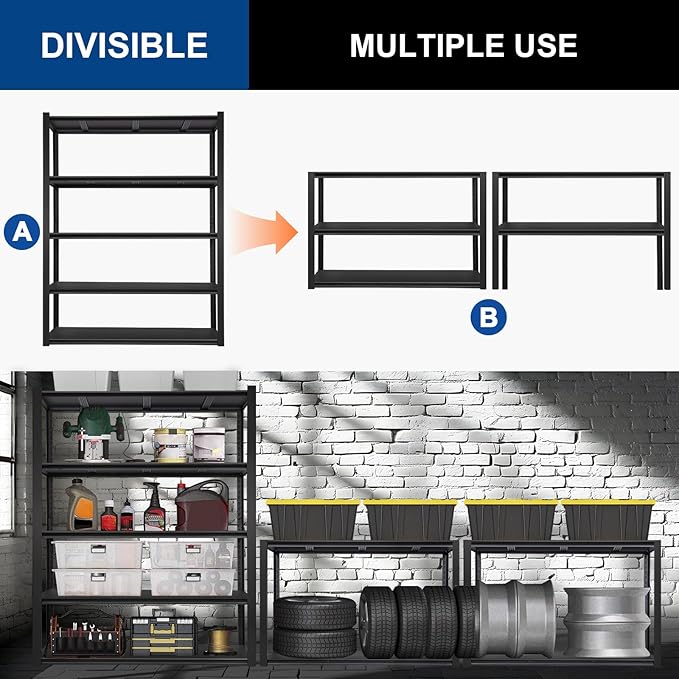 BILT HARD 3500 LBS 48" W x 24" D x 72" H Metal Garage Shelving Unit, 5-Tier Industrial Heavy Duty Storage Shelves, Steel Shelving with Adjustable Rack, Ideal for Garage, Black
