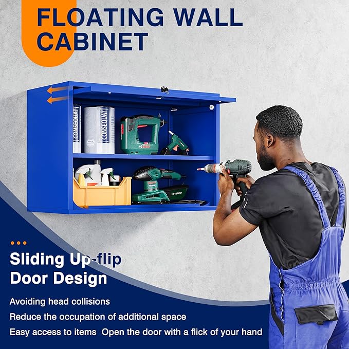 Yizosh Metal Garage Wall Cabinet with Doors and Shelves, Wall Mounted Metal Storage Cabinet, Floating Garage Tool Cabinet for Garage, Basement, Kitchen, Warehouse (Blue, 21.6" H)