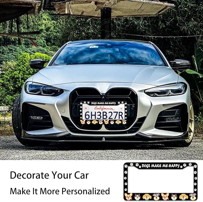 Dogs License Plate Frame, Lovely Puppies Dogs Paws Printed License Plate Holder Cover, Dogs Make Me Happy Metal Aluminum Rustproof Car Accessories for Women Men 2 Holes with Screw Caps