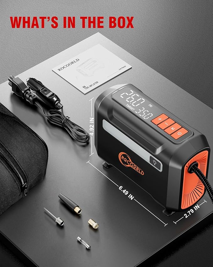 R8 Tire Inflator Portable Air Compressor, DC 12V Air Compressor for Car with Large Dual Digital Screen, 3X Faster Inflation Air Pump for Car Tires, Bike, Ball, Motor - Car Accessories