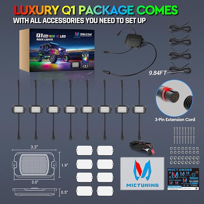 MICTUNING 2025 1000% Bright Q1 MAX RGB+IC Rock Lights, 8 Pods Chasing Dreamcolor Extensible Underglow Multicolor Neon Light Underbody Lighting Kit with APP Control for Truck ATV UTV Boat