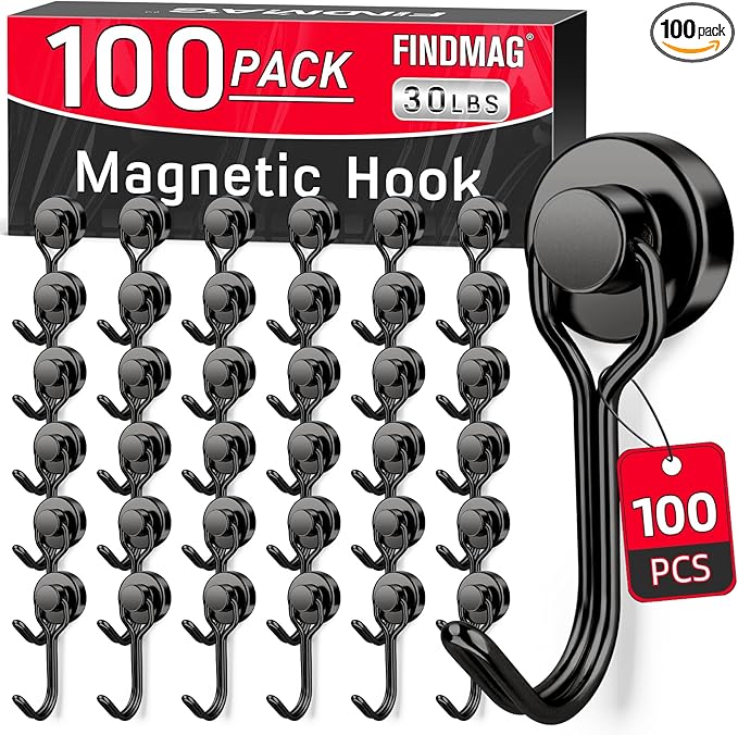 FINDMAG 100 Pack Magnetic Hooks, 30 LB+ Magnetic Hooks for Cruise Cabins, Strong Rare Earth Magets with Hooks for Refrigerator, Magnetic Hanger for Office, Kitchen, Bathroom, Garden, Beach, Black