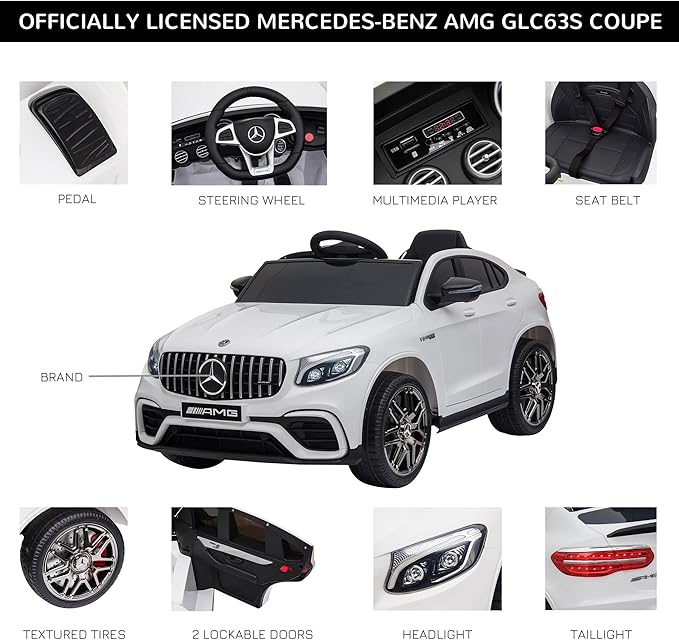 Aosom 12V Toddler Ride On Car with Remote Control, Mercedes Benz AMG GLC63S Coupe, Electric Car with 2 Speed, MP3 Player, Light, Horn, Songs, Suspension, White