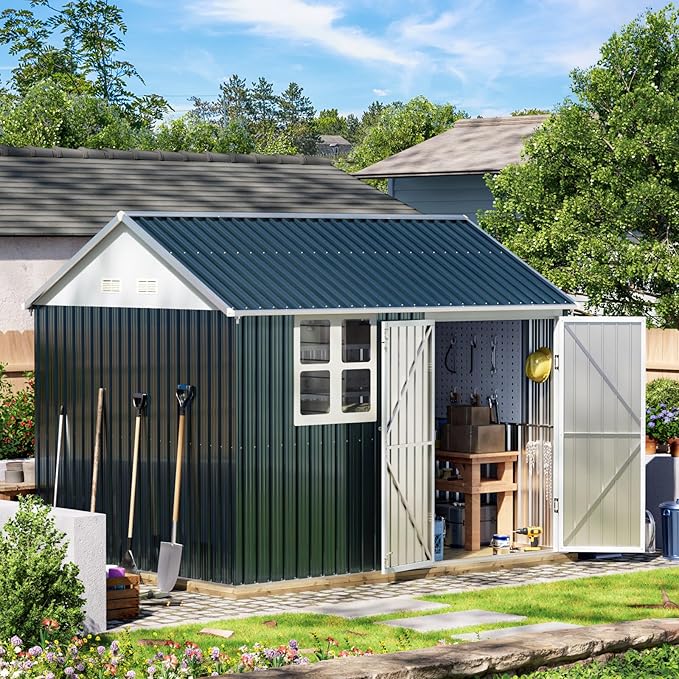 10X8FT Outdoor Steel Storage Shed with Lockable Doors, One Window,Ideal for Garden, Backyard, Patio Storage