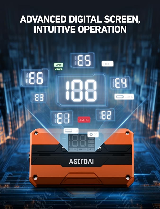 AstroAI T8 Car Jump Starter, 2500A 8-in-1 Jump Box for Car Battery, Up to 8.0L Gas & 5.0L Diesel Engine, 15200mAh QC 3.0 Power Bank, Informative LED Screen with Cigarette Adapter, Jumper Cable