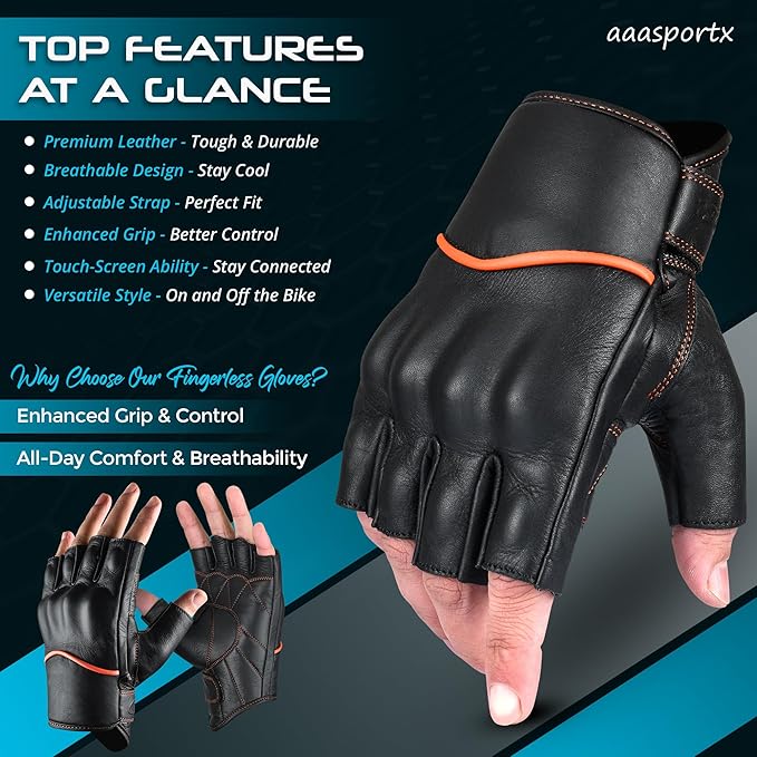 aasportx Motorcycle Gloves - Men's Leather Motorbike Gloves with Touchscreen Function - Non-Slip Pads for Men & Women