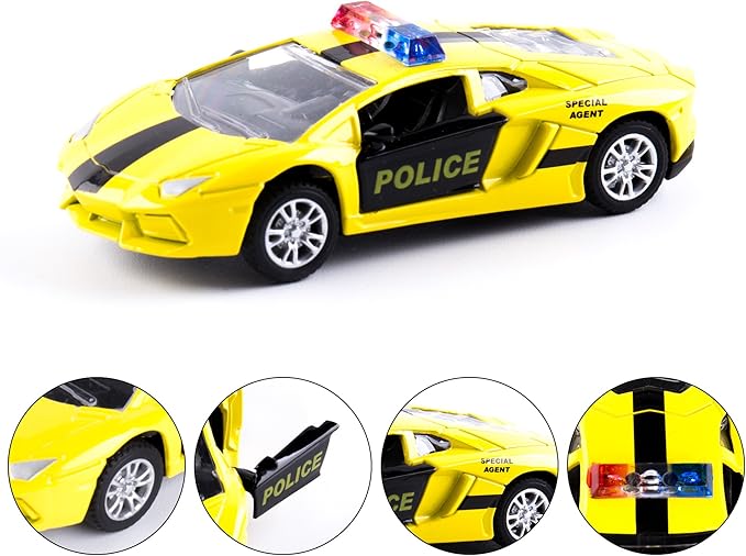 KIDAMI Die Cast Metal Little Toy Cars Set of 5, Openable Doors Pull Back Car Gift Pack for Kids (Police car)