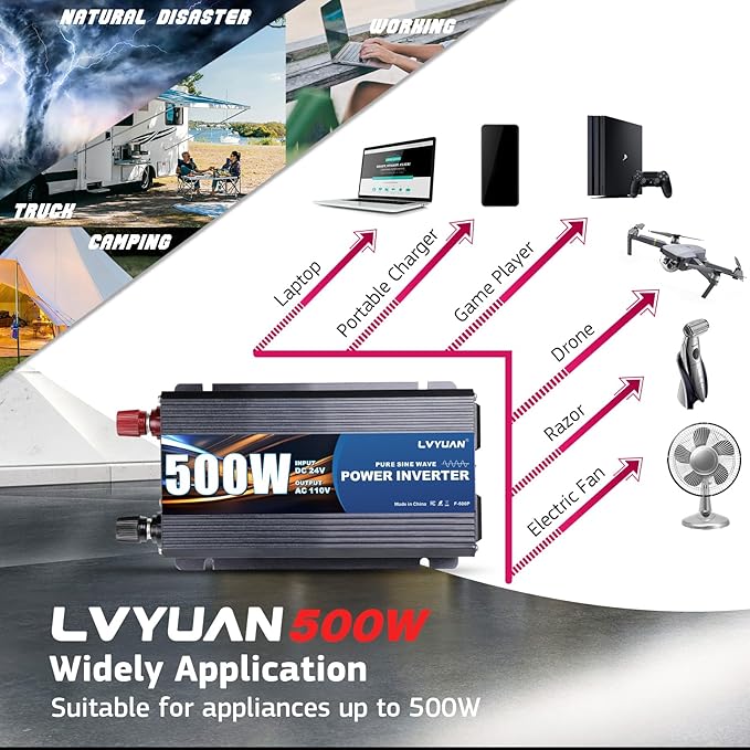 LVYUAN 500 Watt Pure Sine Wave Power Inverter 24V to 110V/120V DC to AC Converter with Dual Sockets, Dual USB Ports, LED Display for Home Outdoor RV Car Power Inverter Power Adapter