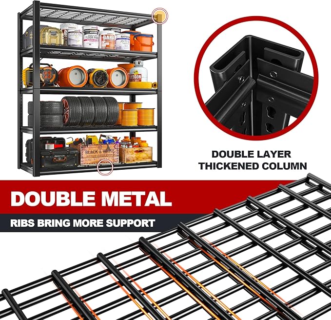 REIBII 48" W Garage Shelving Heavy Duty Load 2500LBS, 5 Tier Storage Shelves, Adjustable Metal Shelves for Warehouse, Pantry, Basement, 48" W X 72" H X18 D, 4PC