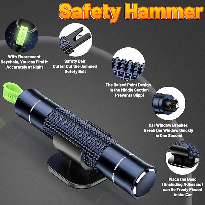 Window Breaker - SafeHammer Glass Breaker Under Water, Upgraded Antiskid, Car Hammer Seatbelt Cutter Car Window Breaker Emergency Escape Tool, Safe hammer Glass Breaker for New Cars (2PCS Blue)