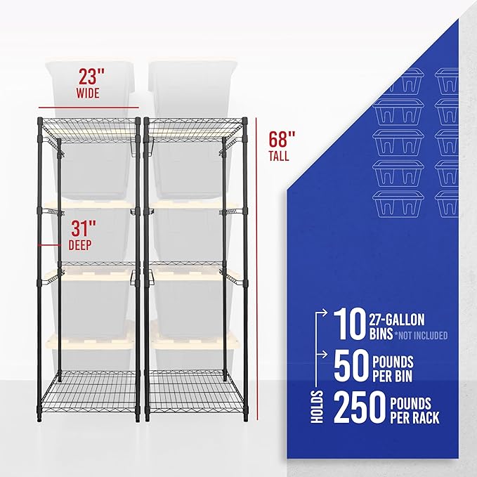 SafeRacks 2 Pack 5-Tier Steel Tote Rack - Maximize Space, Declutter, Organization, NSF Certified, Bin Storage for Garage, Pantry, Kitchen, Workspace, 5 Shelves, 31″ x 23″ x 68″, Black