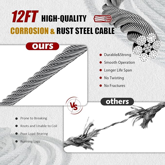 Come Along Winch 2T, Pulling Capacity 12 FT Steel Cable 2 Hooks, with Two 1"x8FT Lifting Straps, Heavy Duty Come Along Tool with Dual Gears, Heavy Duty Hoist Cable Puller for Vehicle Rescue