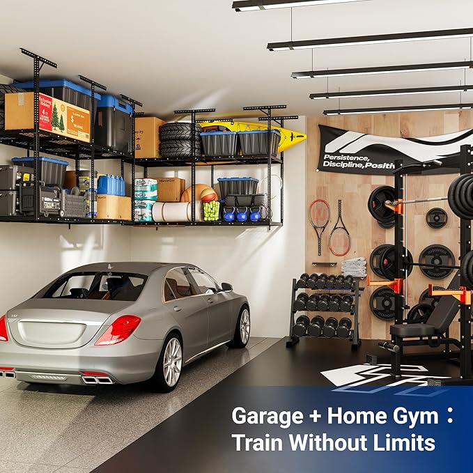 FLEXIMOUNTS 3x8 2-Tier Overhead Garage Storage Rack – Adjustable Heavy Duty Metal Garage Ceiling Storage Racks, 1000 lbs Capacity – Garages Organization System for 10–15 ft Tall Garages, Black