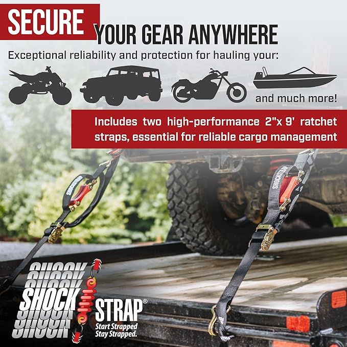 Ratchet Strap, 9’ x 2” Shock Absorbing Heavy Duty Tie downs for Cargo, 2,000 LB WLL / 6,000 LB Break Strength, 2-Pack