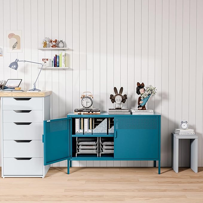 2 Door Storage Sideboard, Metal Storage Cabinet with 2 Adjustable Shelf,Multipurpose Metal Accent Cabinet for Office Home,Music Studio (Peacock Blue, 25''H)