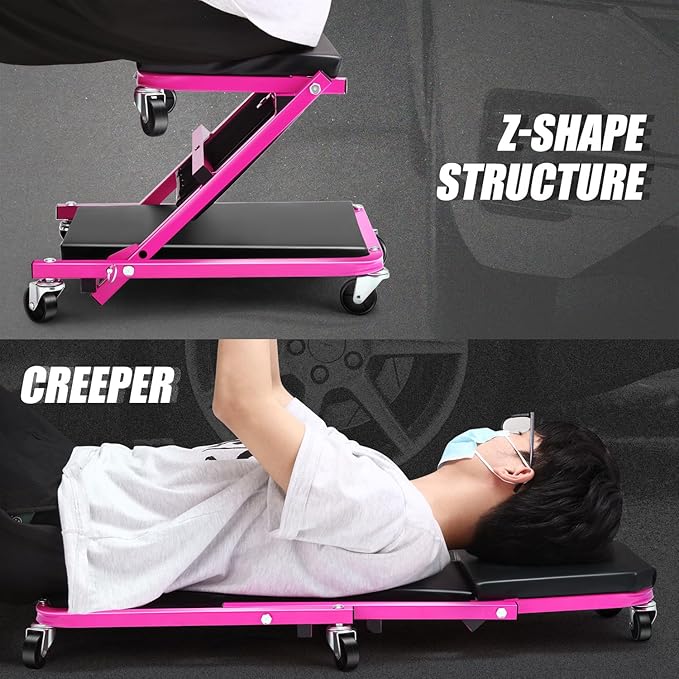 DNA MOTORING 36 Inches 2 IN 1 Rolling Folding Car Creeper/Seat, 6 Pcs 2" Casters, 150kg Weight Capacity, Purple, TOOLS-00185-PR