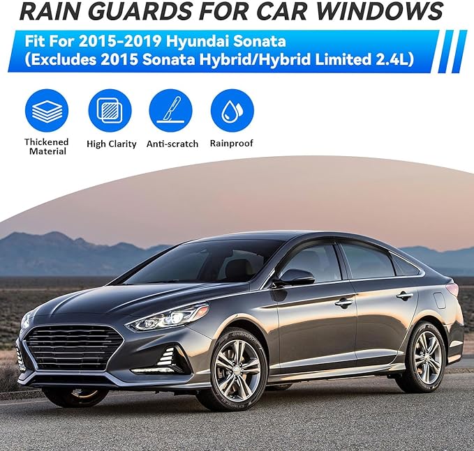 4pcs Window Visors Compatible with 2015-2019 Hyundai Sonata Front+Rear Smoke Tint Sun/Rain Guard Outside Mount Tape-On Vent 2016 2017 2018