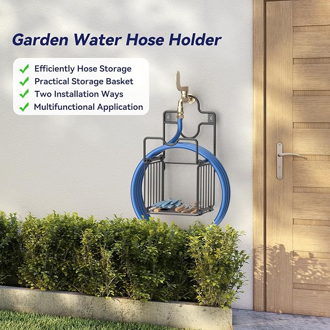 Garden Hose Holders for Outside Metal Water Hose Holder Wall Mount Hose Hanger with Storage Basket Heavy Duty Waterhose Holder for Outside Hose Rack Outdoor Hose Caddy Hook for Garden Organizer Black