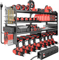 Large Power Tool Organizer Wall Mount with Charging Station, 4 Layer Heavy Duty Metal Cordless Tool Organizer, Tool Storage Rack with 8 Cordless Drill Holder Screwdriver Hammer(Black)