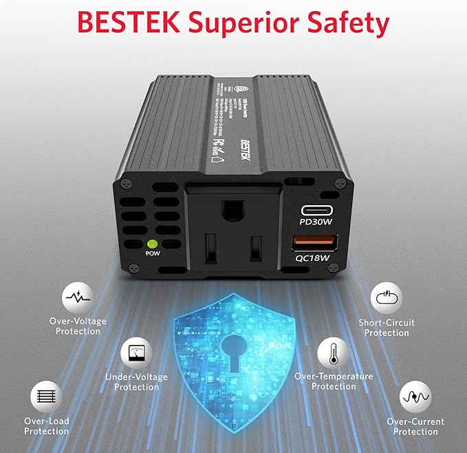 BESTEK 150W Car Power Inverter, DC 12V to 110V AC Converter PD 30W QC 3.0 18W USB Charger Laptop Car Charger Outlet Power Adapter for Car