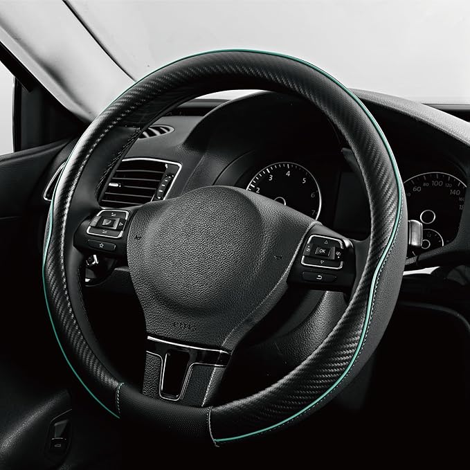 PIC AUTO Steering Wheel Cover, Mint Piping Leather, Sports Carbon Fiber and Super Breathable Leather, Universal 14.5-15.5 Inch Anti-Slip Steering Wheels Accessories for Men & Women