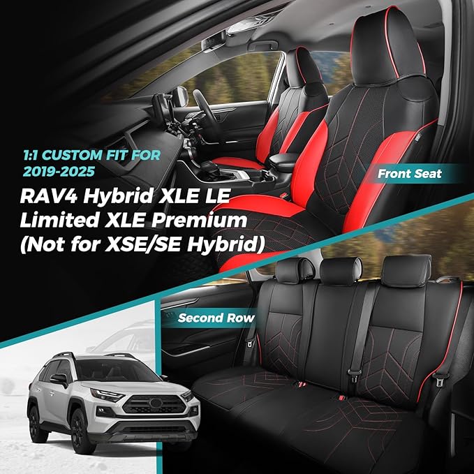 for Toyota RAV4 Seat Covers 2019 2020 2021 2022 2023 2024 2025 RAV 4 Prime & Hybrid XLE LE Limited XLE Premium (Not for XSE/SE Hybrid) - Custom Leather Car Seat Covers Full Set - BlackRed
