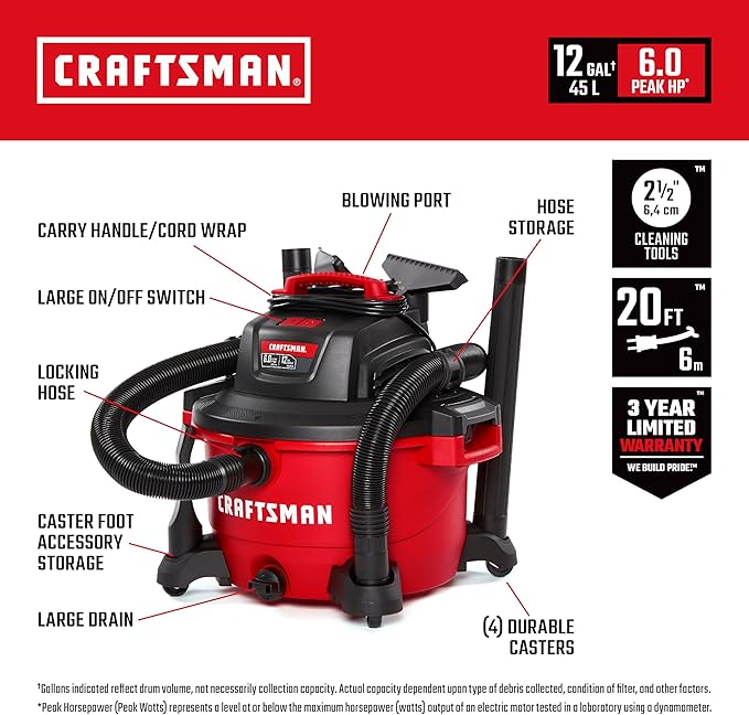 CRAFTSMAN CMXEVBE17594 12 Gallon 6.0 Peak HP Wet Dry Vac, Portable Shop Vacuum Wet and Dry with Filter, Dust Bag, Hose and Attachments for Home Projects & Renovations