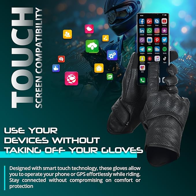 aasportx Motorcycle Gloves - Men's Leather Motorbike Gloves with Touchscreen Function - Non-Slip Pads for Men & Women
