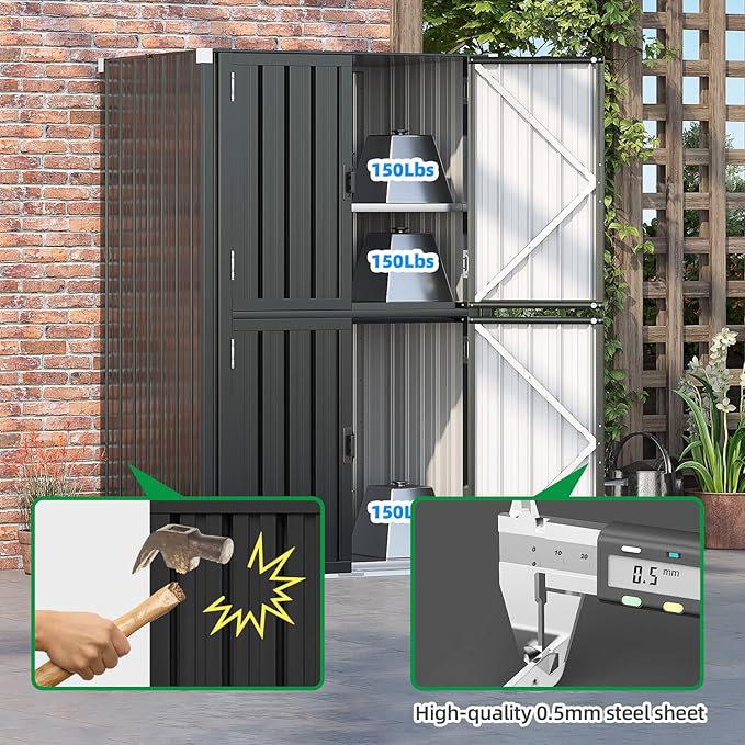 AECOJOY Outdoor Storage Cabinet Waterproof with Shelves, Dark Grey Lockable Vertical Outdoor Cabineyt, Large Storage Shed Tall Weatherproof Outdoor Cabinets Garden Sheds & Outdoor Storage Clearance
