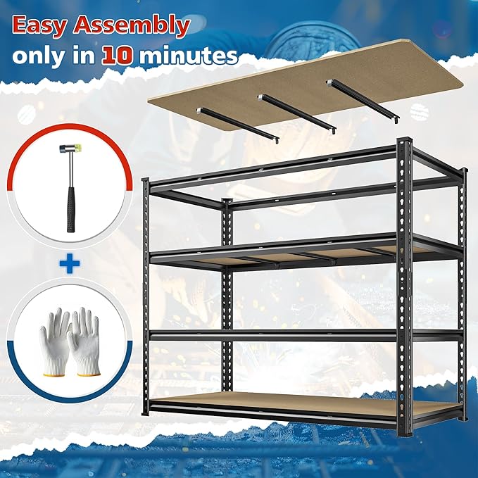 55" W Storage Shelves, 2040LBS Garage Shelving Heavy Duty, 4-Tier Heavy Duty Shelving, Adjustable Metal Shelving Unit for Garage, Warehouse, Pantry, Kitchen, 55" W × 24" D × 60" H, Black