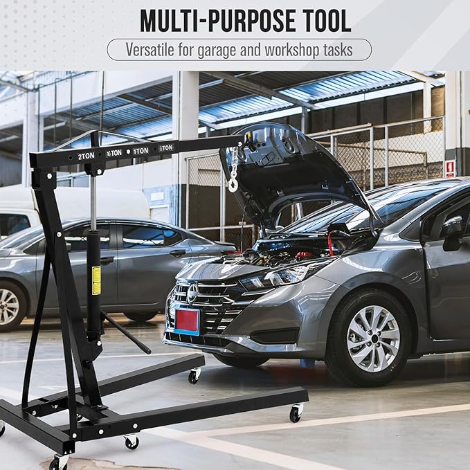 2 Ton Hydraulic Engine Hoist with Lever Stabilizer , Cherry Picker Engine Hoist, 4400LBS Heavy Duty Garage Crane with 6 Swivel Casters & Adjustable Telescopic Boom, for Auto Repair & Workshop (Black)