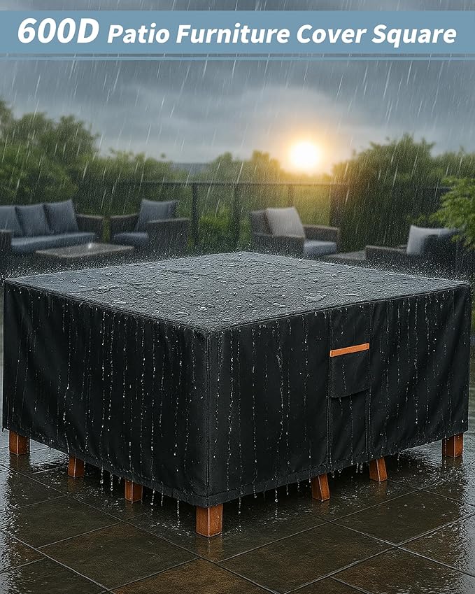 Outdoor Waterproof Furniture Cover, 106W x 106L x 28H inches Heavy Duty 600D Square Table and Chair Set Protection, Black
